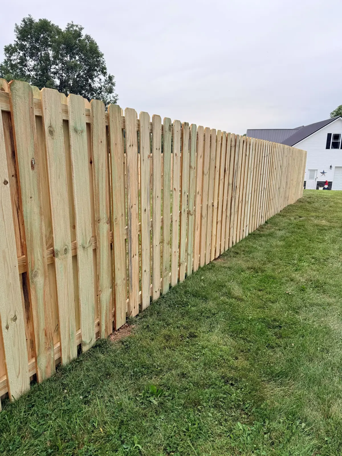 Long run of new shadowbox wood fence beside a white garage in Bloomington, IN