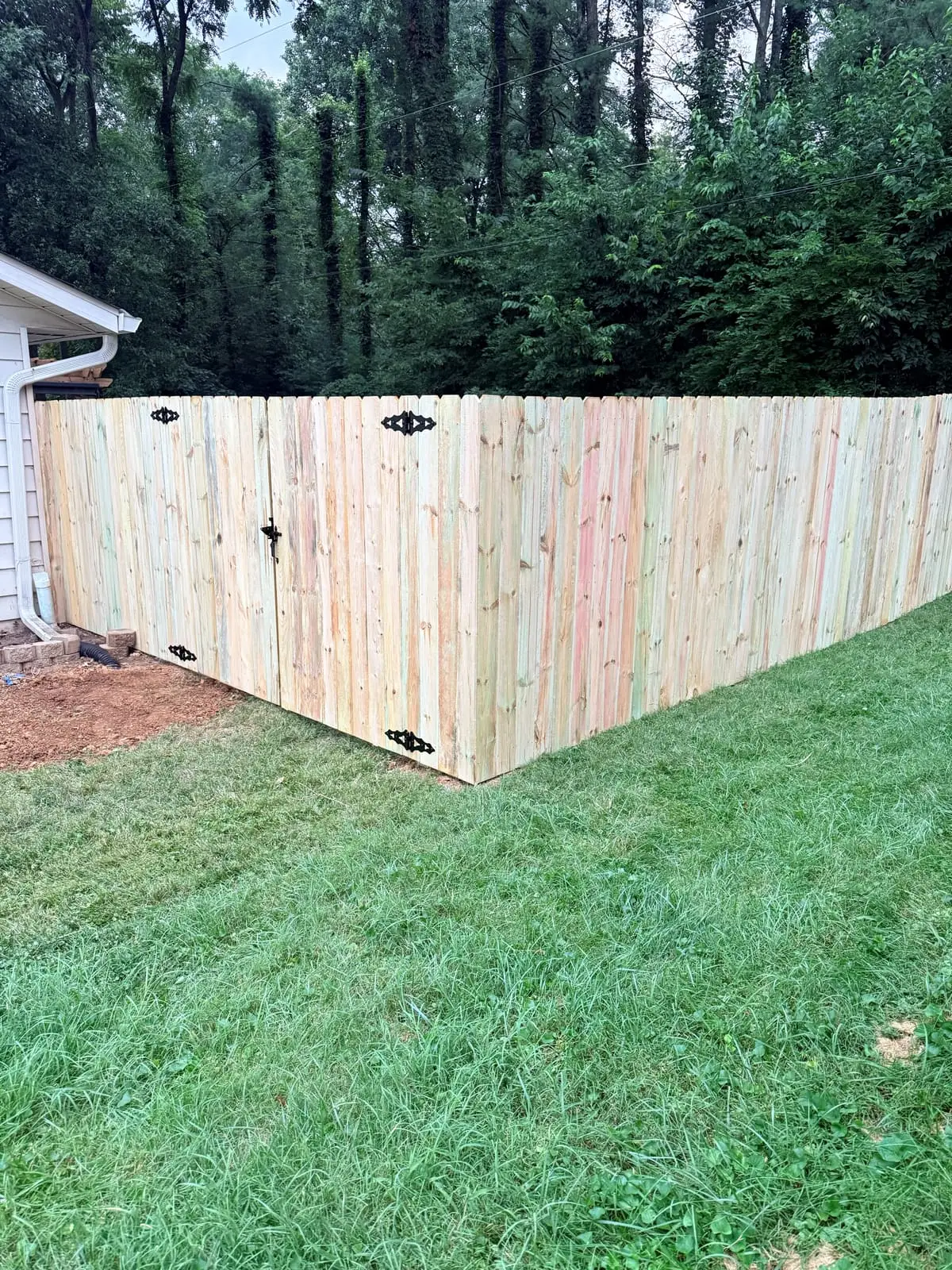 New wood privacy fence corner with gate and black hardware in a wooded backyard in Bloomington, IN