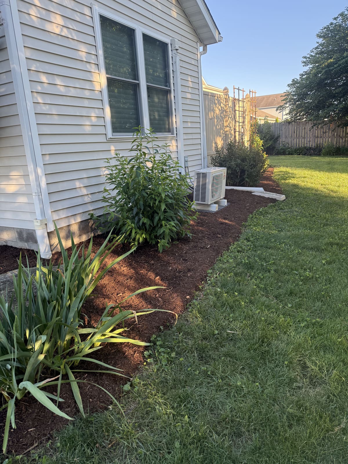 Fresh mulch bed installed along a side yard in Bloomington, IN